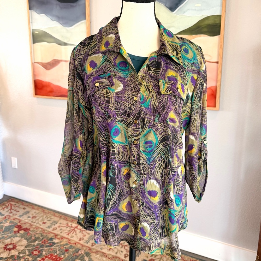 Sarah Michelle Colorful Peacock Feather Blouse